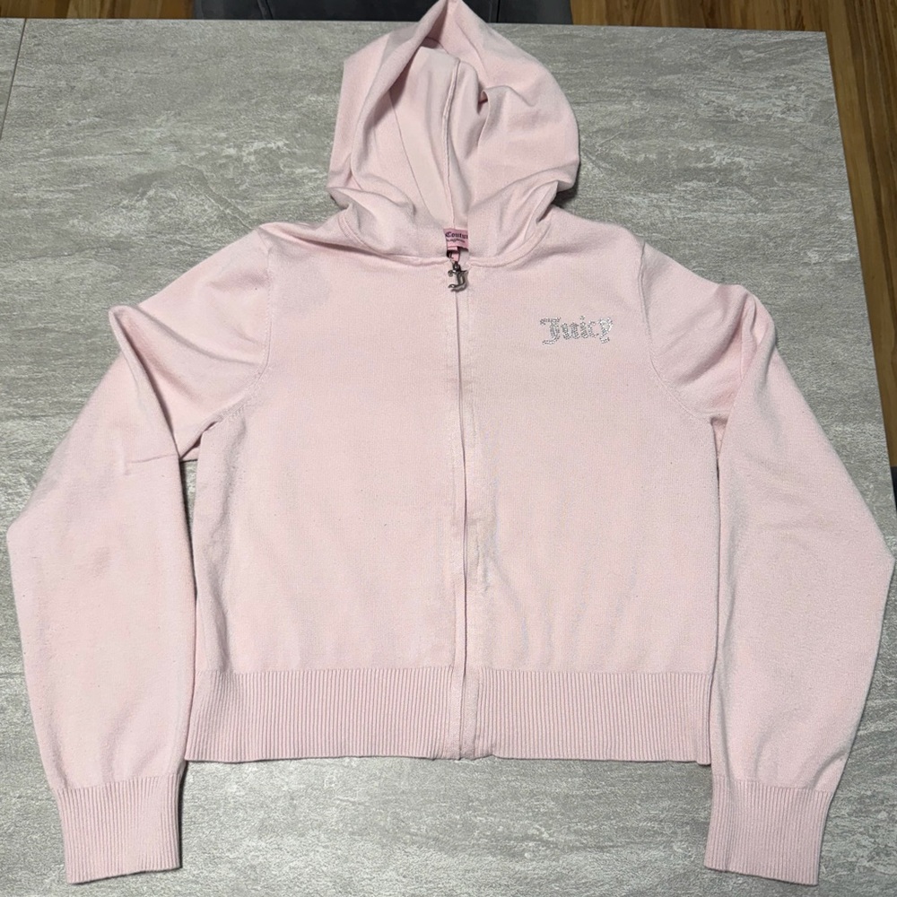 Y2K Juicy Couture baby pink knit zip up sweater w/ hoodie & rhinestones size XL